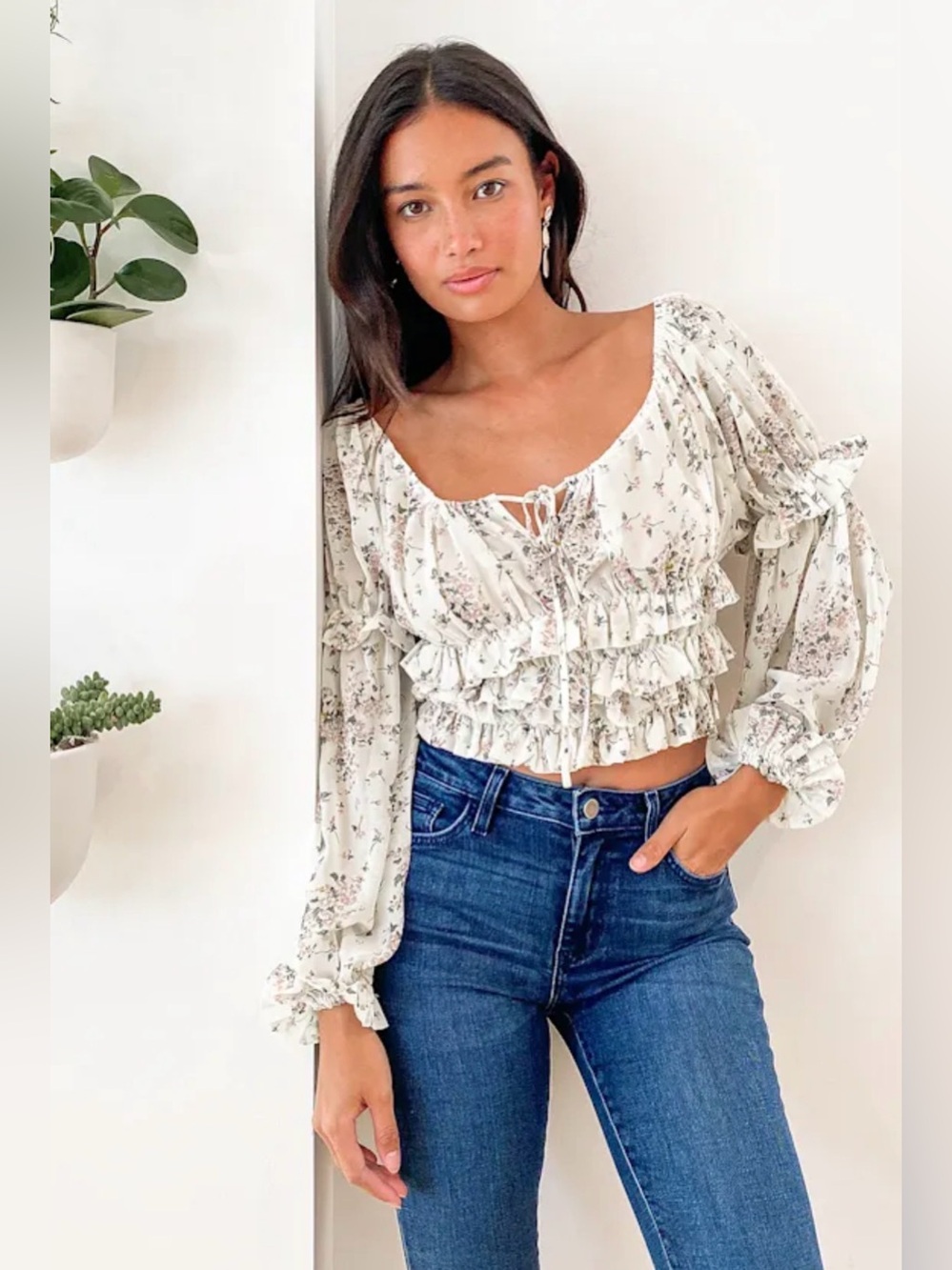Lulus Floral Print Ruffled Long Sleeve Top